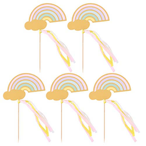 Amosfun 5 stücke Regenbogen Cupcake Topper Papier Kuchen Topper Dessert Topper Kuchen Dekorationen mit Band für Baby Shower Birthday Party (Gold) von Amosfun