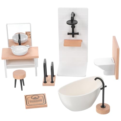 Amosfun 8-Teiliges Puppenhaus-Badezimmer-Set Miniatur-Puppenhaus-Möbel Mini-Badewanne Und Toilettenwaschbecken Aus Kunststoff Rollenzubehör Für Puppenhaus-Möbel von Amosfun