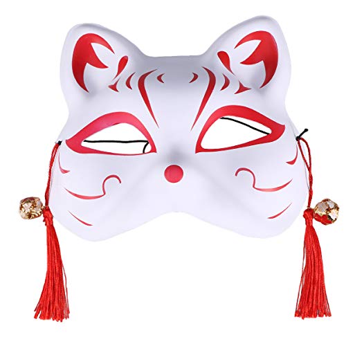 Amosfun Kabuki Kitsune Maske Kunststoff Katze Anime Maske mit Feder Perle Janpanese Stil Tier Maske Cosplay zubehör Maskerade kostüm Requisiten für mädchen von Amosfun