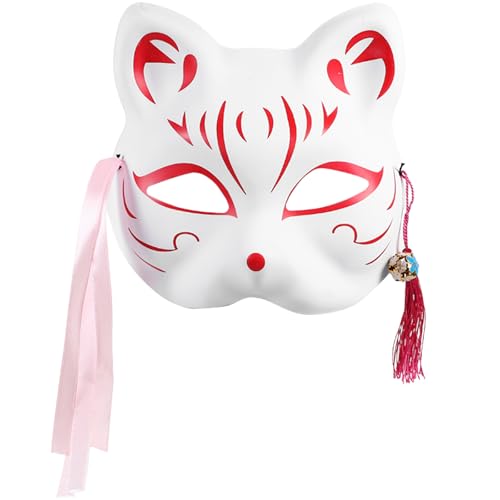 Amosfun Kabuki Kitsune Maske Kunststoff Katze Anime Maske mit Feder Perle Janpanese Stil Tier Maske Cosplay zubehör Maskerade kostüm Requisiten für mädchen von Amosfun