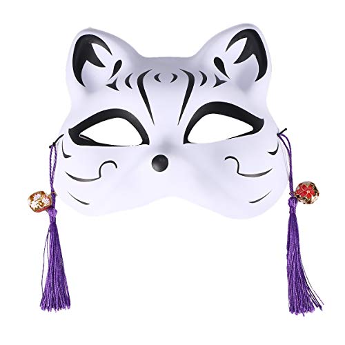 Kabuki Kitsune Maske Kunststoff Katze Anime Maske mit quaste Perle Janpanese Stil Tier Maske Cosplay zubehör Maskerade kostüm Requisiten für mädchen (schwarz) von Amosfun