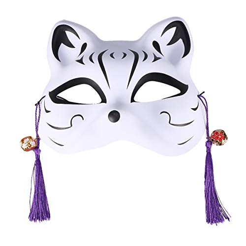 Amosfun Kabuki Kitsune Maske Kunststoff Katze Anime Maske mit quaste Perle Janpanese Stil Tier Maske Cosplay zubehör Maskerade kostüm Requisiten für mädchen (Schwarz) von Amosfun