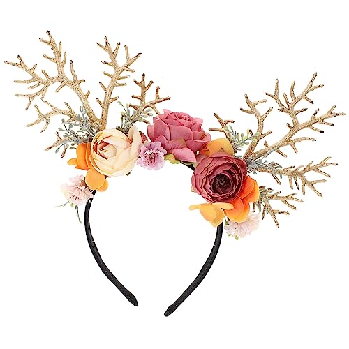 Amosfun Weihnachten Rentier Geweih Haarreif Mit Blumen, Leichtes Elchgeweih Stirnband FüR Erwachsene Und Kinder, Party Foto Requisiten, Weihnachts Haarschmuck FüR Festliche AnläSse von Amosfun