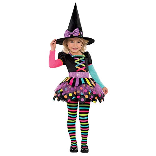 Amscan - Kinderkostüm Bunte Hexe, Kleid, Hexenhut, Strumpfhose, Witch, Zauberer, Mottoparty, Karneval, Halloween, Schwarz, 3 bis 4 Jahre von amscan