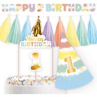 Deko-Set zum 1. Geburtstag mit Buchstabenkette, Girlande, Partyhut und Cake Topper von Amscan