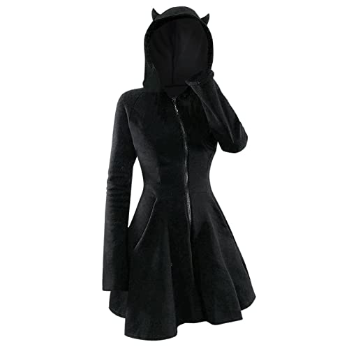 Amxleh Damen Mittelalter Kleid Gothic Stil mit Kapuze und langen Ärmeln aus goldenem Samt mit Katzenohren für Damen Renaissance Elfen Kostüm für Karneval Fasching Halloween Party Retro Cosplay von Amxleh