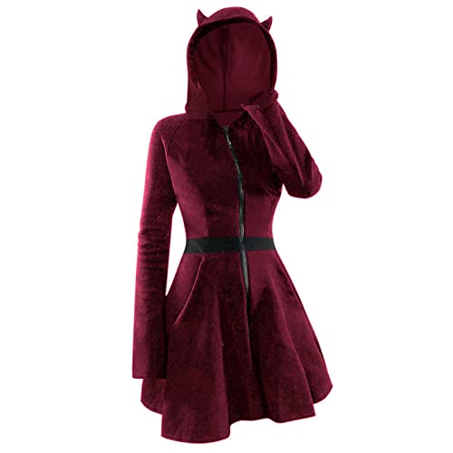 Amxleh Damen Mittelalter Kleid Gothic Stil mit Kapuze und langen Ärmeln aus goldenem Samt mit Katzenohren für Damen Renaissance Elfen Kostüm für Karneval Fasching Halloween Party Retro Cosplay von Amxleh