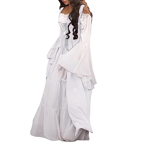 Amxleh Damen Mittelalter Kleid mit Trompetenärmel Traditionelles irisches Kleid für Damen Renaissance Cosplay Kostüm Karneval Party Halloween Kostüm Maid Kostüm Outfit Set Grün/Rot/Weiß von Amxleh