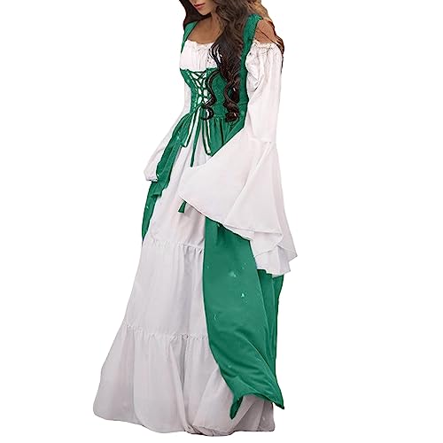 Amxleh Damen Mittelalter Kleid mit Trompetenärmel Traditionelles irisches Kleid für Damen Renaissance Cosplay Kostüm Karneval Party Halloween Kostüm Maid Kostüm Outfit Set Grün/Rot/Weiß von Amxleh