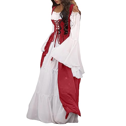 Amxleh Damen Mittelalter Kleid mit Trompetenärmel Traditionelles irisches Kleid für Damen Renaissance Cosplay Kostüm Karneval Party Halloween Kostüm Maid Kostüm Outfit Set Grün/Rot/Weiß von Amxleh