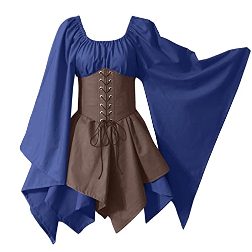 Amxleh Halloween Kostüm Damen,Damen Mittelalter Kleid mit Trompetenärmel Gothic Retro Kleid Renaissance Kleidung Cosplay Kostüm Gebunden Taille Übergröße Kleid Karneval Party Halloween Kleid Damen von Amxleh