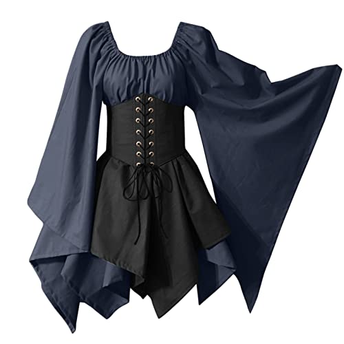 Amxleh Halloween Kostüm Damen,Damen Mittelalter Kleid mit Trompetenärmel Gothic Retro Kleid Renaissance Kleidung Cosplay Kostüm Gebunden Taille Übergröße Kleid Karneval Party Halloween Kleid Damen von Amxleh