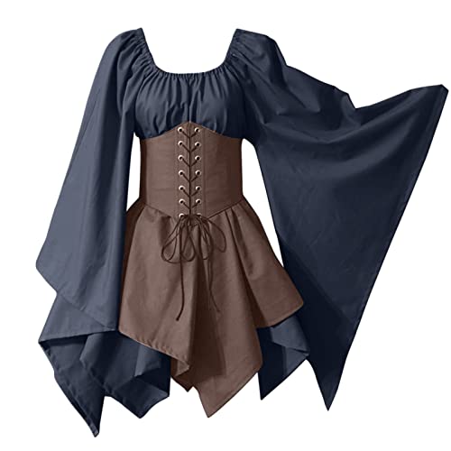 Amxleh Halloween Kostüm Damen,Damen Mittelalter Kleid mit Trompetenärmel Gothic Retro Kleid Renaissance Kleidung Cosplay Kostüm Gebunden Taille Übergröße Kleid Karneval Party Halloween Kleid Damen von Amxleh