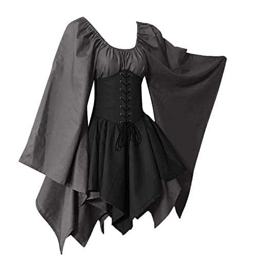 Amxleh Halloween Kostüm Damen,Damen Mittelalter Kleid mit Trompetenärmel Gothic Retro Kleid Renaissance Kleidung Cosplay Kostüm Gebunden Taille Übergröße Kleid Karneval Party Halloween Kleid Damen von Amxleh