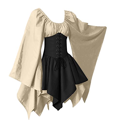 Amxleh Halloween Kostüm Damen,Damen Mittelalter Kleid mit Trompetenärmel Gothic Retro Kleid Renaissance Kleidung Cosplay Kostüm Gebunden Taille Übergröße Kleid Karneval Party Halloween Kleid Damen von Amxleh