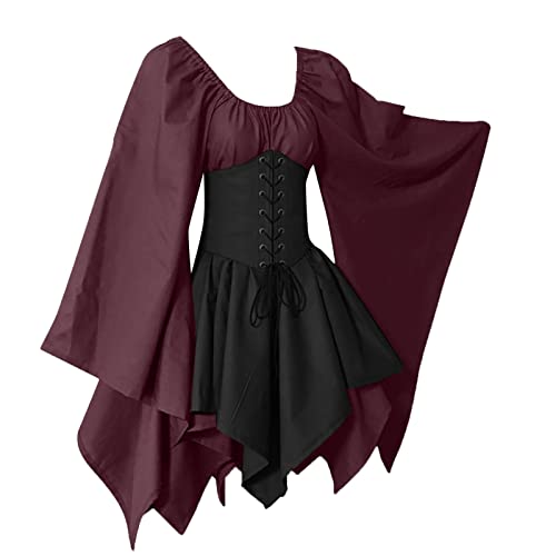 Amxleh Halloween Kostüm Damen,Damen Mittelalter Kleid mit Trompetenärmel Gothic Retro Kleid Renaissance Kleidung Cosplay Kostüm Gebunden Taille Übergröße Kleid Karneval Party Halloween Kleid Damen von Amxleh