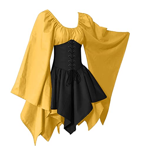 Amxleh Halloween Kostüm Damen,Damen Mittelalter Kleid mit Trompetenärmel Gothic Retro Kleid Renaissance Kleidung Cosplay Kostüm Gebunden Taille Übergröße Kleid Karneval Party Halloween Kleid Damen von Amxleh