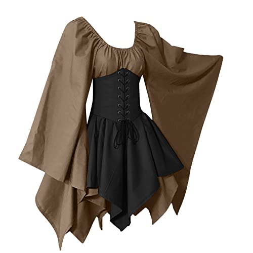 Amxleh Halloween Kostüm Damen,Damen Mittelalter Kleid mit Trompetenärmel Gothic Retro Kleid Renaissance Kleidung Cosplay Kostüm Gebunden Taille Übergröße Kleid Karneval Party Halloween Kleid Damen von Amxleh