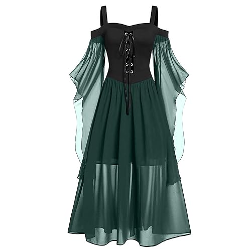 Amxleh Halloween Kostüm Damen mit Trompetenärmel Traditionelles Irisches Renaissance Kleid Damen Cosplay Kostüm Karneval Party Halloween Kostüm Durchsichtige Langer Tops für Damen Retro von Amxleh