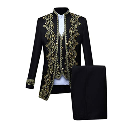 Amxleh Halloween Kostüm Herren Gothic Mittelalter Kleidung Palastkostüm im Europäischen Stil Performance Uniform Militärkleid mit Intarsien Dreiteiliges Set mit Goldener Weste Jacke,Weste und Hose von Amxleh