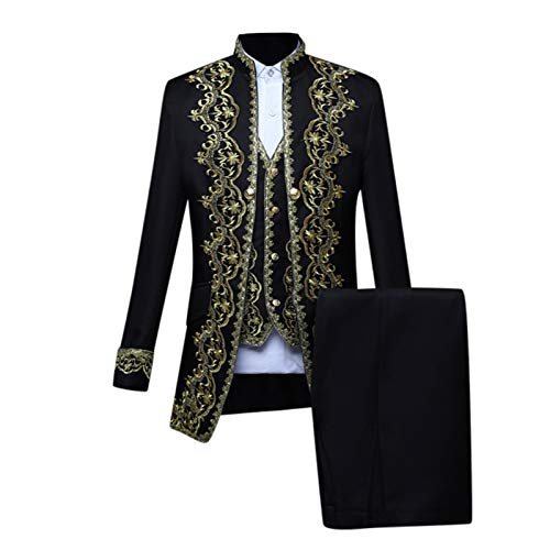 Amxleh Mittelalter Kleidung Herren Gothic Palastkostüm im europäischen Stil Performance Uniform Militärkleid mit Intarsien dreiteiliges Set mit goldener Weste Jacke,Weste und Hose von Amxleh