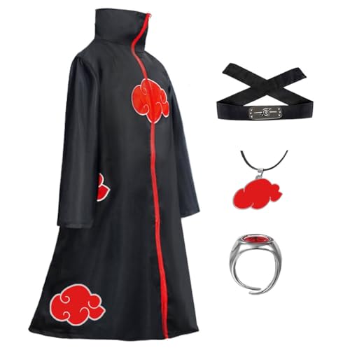 Akatsuki Mantel für Kinder Erwachsener Unisex Cosplay Kostüm, Cosplay Halloween Party Kostüm Umhang mit Stirnband und Ring (SET 4, M) von Amycute