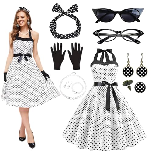 Amycute 50er Jahre Kostüm Damen, 10 Stück Rockabilly Accessoires Damen, mit Chiffon Schal Polka Dot Stirnband Katzen Auge Brille Rot, für Motoparty Retro Teily 60er 70er 80er Jahre Themenparty. (M) von Amycute