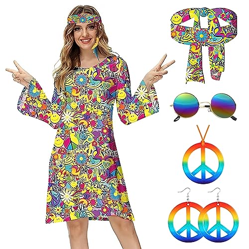 Amycute 60er 70er Jahre Fasching Damen Disco Outfit Hippie Kostüm Erwachsene Damen 60er 70er Jahre Party Kostüm 1970 Stil Kleidung 72er Jahre Zubehör Hippie Dress Up von Amycute