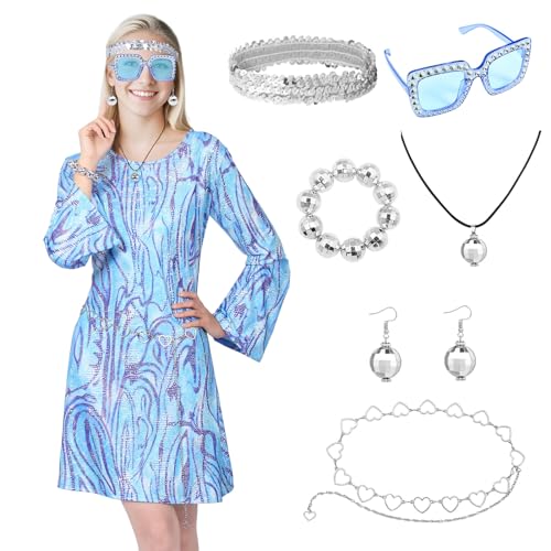 Amycute 60er 70er Jahre Fasching Damen Disco Outfit Hippie Kostüm Erwachsene Damen 60er 70er Jahre Party Kostüm 1970 Stil Kleidung 70er Jahre Accessoires Hippie Dress Up von Amycute