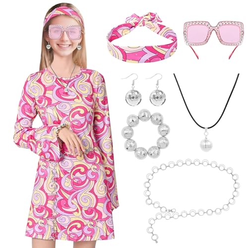 Amycute 60er 70er Jahre Fasching Damen Disco Outfit Hippie Kostüm Erwachsene Damen 60er 70er Jahre Party Kostüm 1970 Stil Kleidung 87er Jahre Zubehör Hippie Dress Up von Amycute