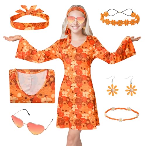 Amycute 60er 70er Jahre Fasching Damen Disco Outfit Hippie Kostüm Erwachsene Damen 60er 70er Jahre Party Kostüm 1970 Stil Kleidung 92er Jahre Zubehör Hippie Dress Up von Amycute