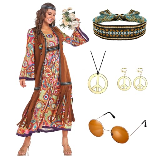 Amycute 60er 70er Jahre Hippie Kleid Kostüm Zubehör für Damen Disco Verkleidung Outfit Set 60er 70er Hippie Kostüm Hippie Kleidung von Amycute