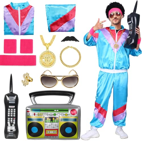 Amycute 80er Jahre Trainingsanzug Outfit für Herren Damen 90er Retro Hip Hop Kostüme Windbreaker Kit Shell Anzug Halloween Party Kleid, Blau, L von Amycute