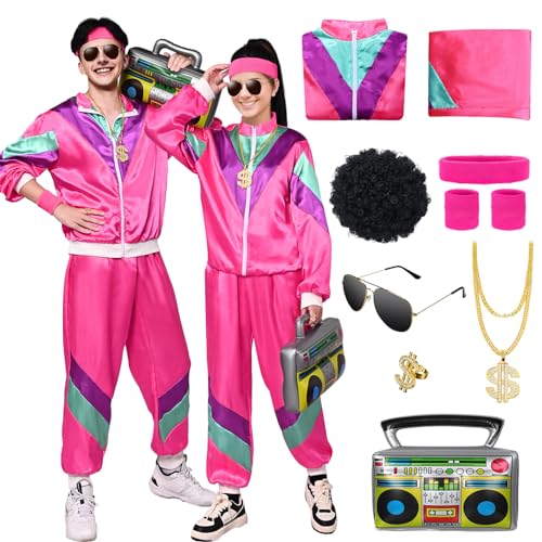 Amycute 80er Jahre Trainingsanzug Outfit für Herren Damen 90er Retro Hip Hop Kostüme Windbreaker Kit Shell Anzug Halloween Party Kleid, Pink, XXL von Amycute