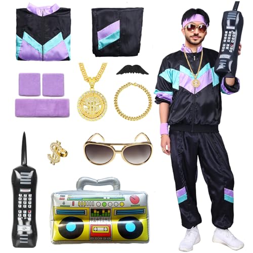 Amycute 80er Jahre Trainingsanzug Outfit für Herren Damen 90er Retro Hip Hop Kostüme Windbreaker Kit Shell Anzug Halloween Party Kleid, Schwarz, M von Amycute