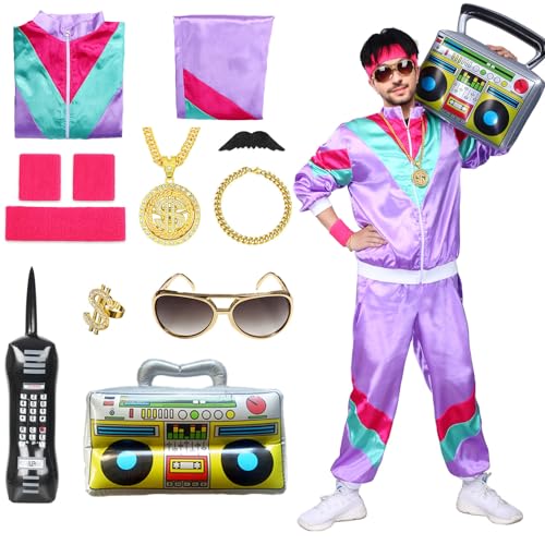 Amycute 80er Jahre Trainingsanzug Outfit für Herren Damen 90er Retro Hip Hop Kostüme Windbreaker Kit Shell Anzug Halloween Party Kleid, Violett, L von Amycute