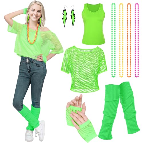 Amycute 90er 80er Jahre Outfit Damen, Aerobic Outfit 80er Damen, Netzshirt, 80er Jahre Accessoire, 80er Jahre Kleidung Damen, Karneval Kostüm Damen Hippie für 80er 90er Jahre Themenparty. von Amycute