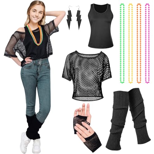 Amycute 90er 80er Jahre Outfit Damen, Aerobic Outfit 80er Damen, Netzshirt, 80er Jahre Accessoire, 80er Jahre Kleidung Damen, Karneval Kostüm Damen Hippie für 80er 90er Jahre Themenparty. von Amycute