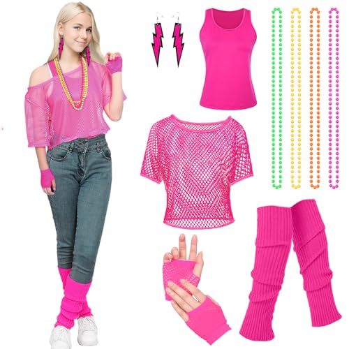 Amycute 90er 80er Jahre Outfit Damen, Aerobic Outfit 80er Damen, Netzshirt, 80er Jahre Accessoire, 80er Jahre Kleidung Damen, Karneval Kostüm Damen Hippie für 80er 90er Jahre Themenparty. von Amycute