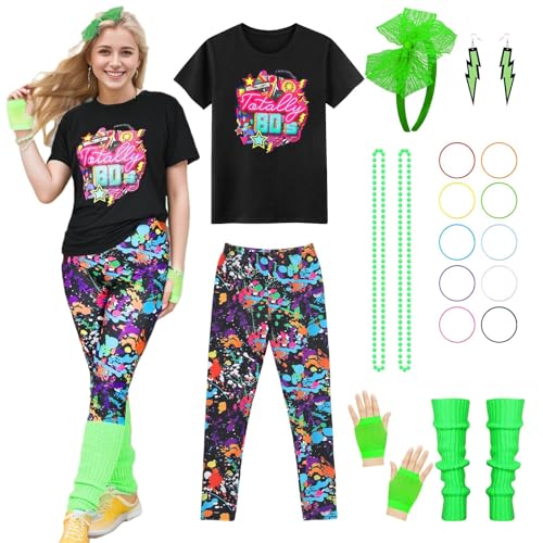 Amycute 90er 80er Jahre Outfit Damen, T-Shirt, Stirnband, Ohrring, Halskette, 80er Jahre Accessoire, Karneval Kostüm Damen, für 80er Neon Accessoires Thema Party Karneval Damen (Grün, 2XL) von Amycute