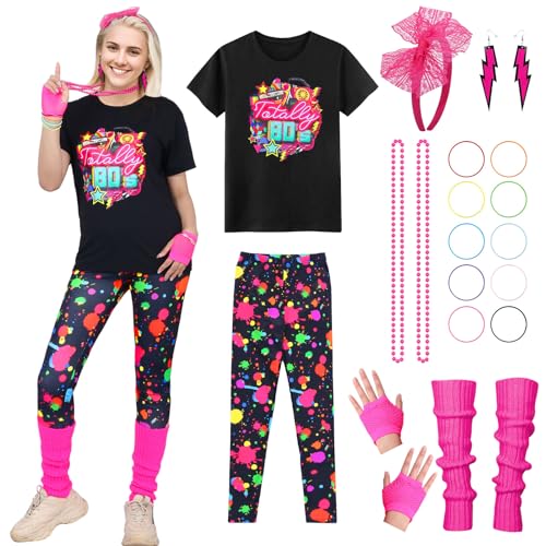 Amycute 90er 80er Jahre Outfit Damen, T-Shirt, Stirnband, Ohrring, Halskette, 80er Jahre Accessoire, Karneval Kostüm Damen, für 80er Neon Accessoires Thema Party Karneval Damen (Rosa, 2XL) von Amycute