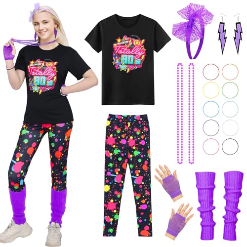 Amycute 90er 80er Jahre Outfit Damen, T-Shirt, Stirnband, Ohrring, Halskette, 80er Jahre Accessoire, Karneval Kostüm Damen, für 80er Neon Accessoires Thema Party Karneval Damen (Violett, 2XL) von Amycute