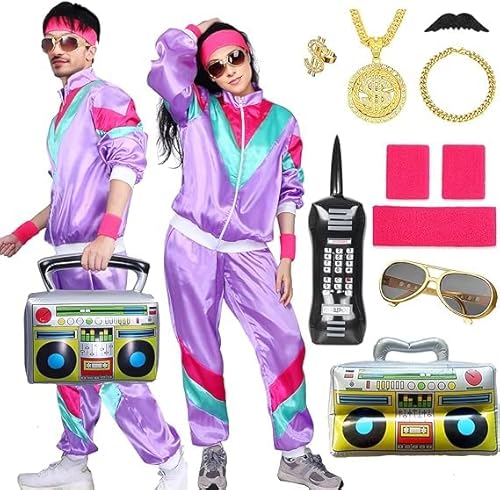 Amycute 80er Jahre Outfit Herren Damen, 80er Trainingsanzug, Jogginganzug 80er Jahre, 80er Jahre Accessoires, Faschingskostüme, Karneval kostüm für 80er 90er Jahre Themenparty. von Amycute