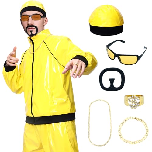 Amycute 90er Rapper Celebrity Kostüm für Erwachsene, Herren 80er 90er Jahre Faschingskostüm mit Zubehör Kit, Ali-g Kostüm Erwachsene Lustige Rapper Halloween Junggesellenabschied Verkleidung Outfits von Amycute