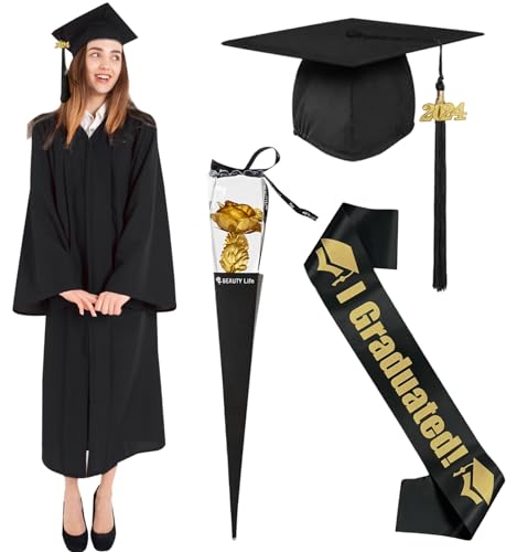 Amycute Abschluss Talar mit Hut, Schwarz Abschluss Robe, Unisex graduation Robe，Abschluss hut, Akademischer Talar, Uni Abschluss Kleid, Doktorhut, Quaste 2024 für Abschlussfeier. (Style A, 2XL) von Amycute