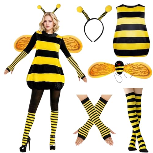 Amycute Bienenkostüm Damen, Bienenkostüm Erwachsene, Bienenkostüm Damen mit Bienen Flügel, Biene Kostüm Damen Zubehör, Karnevalskostüm Damen, Faschingskostüme, Party Cosplay (2XL) von Amycute