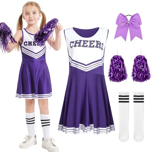 Amycute Cheerleader Kostüm Kinder, Cheerleader Kostüm Mädchen, Kinderkostüm Cheerleader, Kinder Cheer Outfit mit Pompoms Socken, Faschingskostüme für Karneval Party Cosplay (Style B, 110) von Amycute