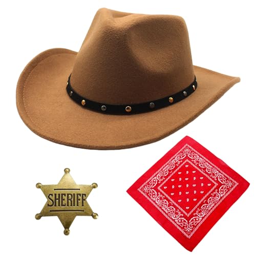 Amycute Cowgirl Kostüm Damen, Cowboy Kostüm Herren, mit Halstuch Karneval Cowgril Hut zubehör Partyhut Partyhalstuch Accessoires Cowboyhut für Karneval Fasching kostüm Herren Damen (Style A) von Amycute