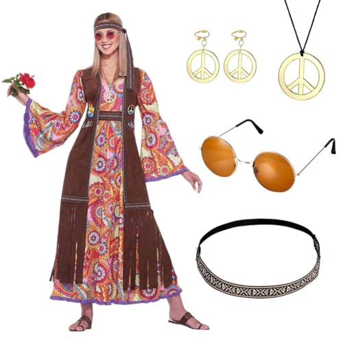 Amycute Hippie Kostüm Damen, Hippie Accessoire Kits Brille Weste Bohemian Kleid Halskette Ohrringe Stirnband Hippie Kostüme Disco Paar Kostüm Sets 60er 70er 80er Karneval Halloween Damen kostüm (XL) von Amycute