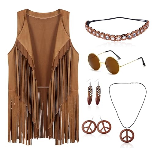 Amycute Hippie-Kostüm für Damen, 60er-/70er-Jahre-Kostüm, Disco-Kostüm, Hippie-Fransenweste, Outfits mit Hippie-Halsketten, Ohrringen, Sonnenbrillen, Stirnband von Amycute